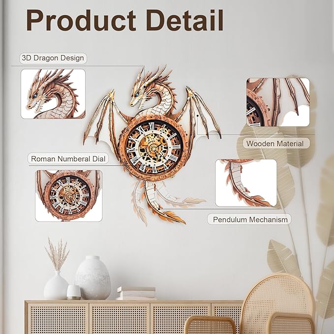 Kosmickiss 3D Wooden Puzzles Model Kits Dragon Clock for Adults, 3D Building Models DIY Crafts for Women Men, Wall Clock Puzzle Birthday Gift for Adults Home Decor