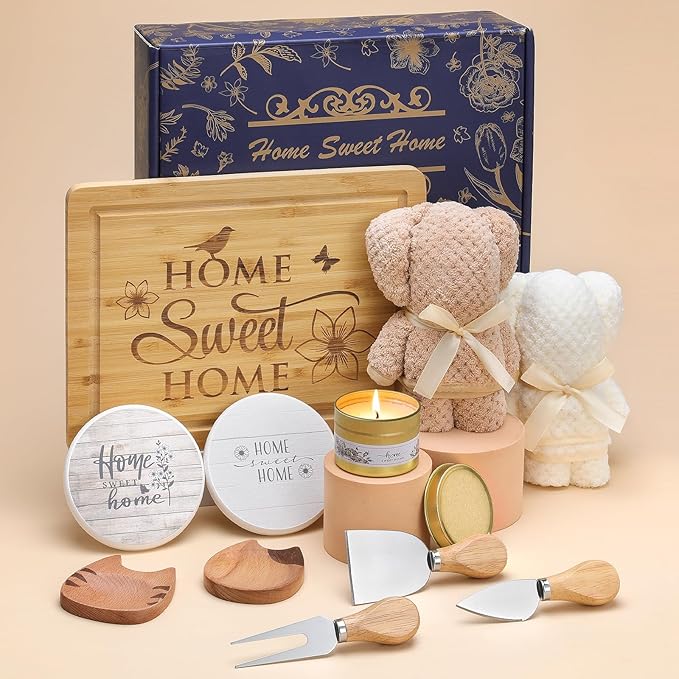 Housewarming Gifts for New Home, 10Pcs House Warming Gift Basket with Aroma Candle, Cutting Board, Cheese Knife, Condiment Dish, Coasters for Couples, Closing Gifts for Home Buyers