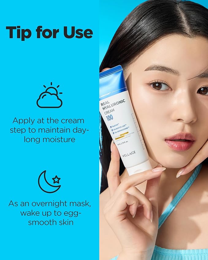 WELLAGE Real Hyaluronic Cream 100, Pure Hyaluronic Acid Korean Face Moisturizer with Ceramide Panthenol Squalane Vitamin B5 Niacinamide - Hydrating face moisturizer, Hypoallergenic, 1.69oz.