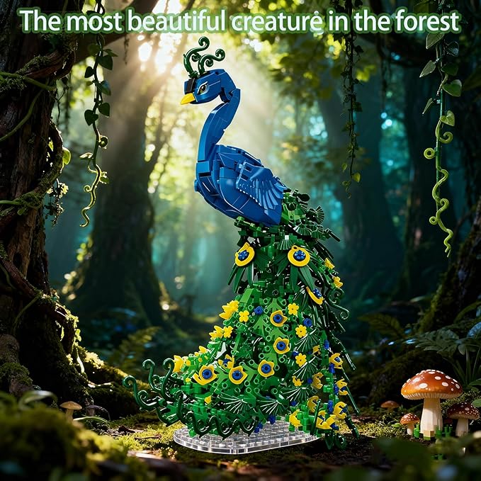 Flowers Peacock Building Block Set, Beautiful Fly Animal Art Bird Peacock on Botanical Green Vivid Feather DIY Flowers Building Kit, Home Office Decor Ideal Christmas Toy Gift for Teen, Adult(807PCS)
