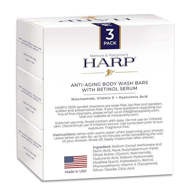 HARP Anti-Aging Body Wash Bar With Retinol + Niacinamide, Vitamin E, Hyaluronic Acid. 100% Syndet Base. Soap/Lye-Free and FRAGRANCE FREE (3-Pack, Anti-Aging Serum)
