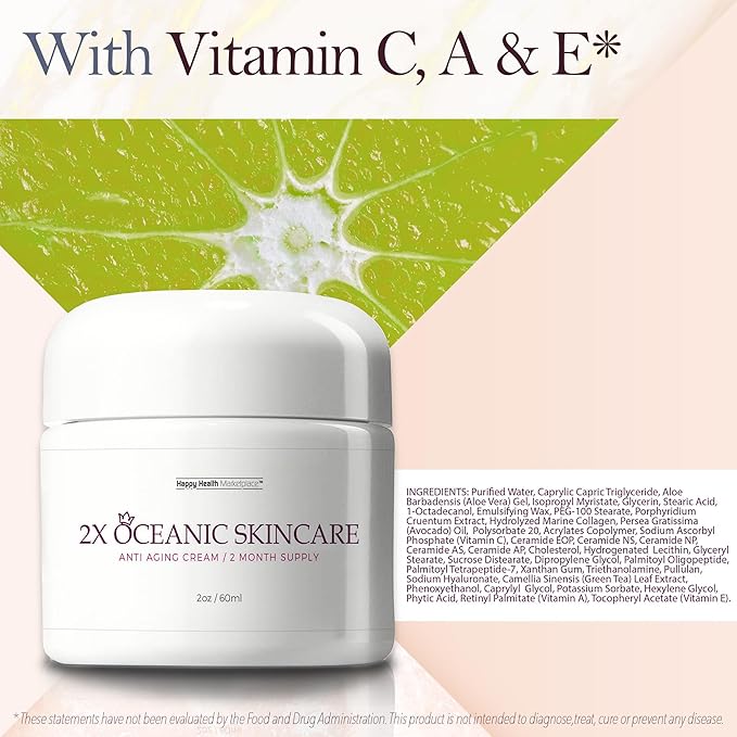 2X Oceanic Skincare Cream - Anti Aging Cream 2 Month Supply - Collagen & Vitamin Infused Nourishing Anti Aging Face Cream - Reduce Wrinkles Appearance - Improve Age Spots & Redness - Help Repair Skin