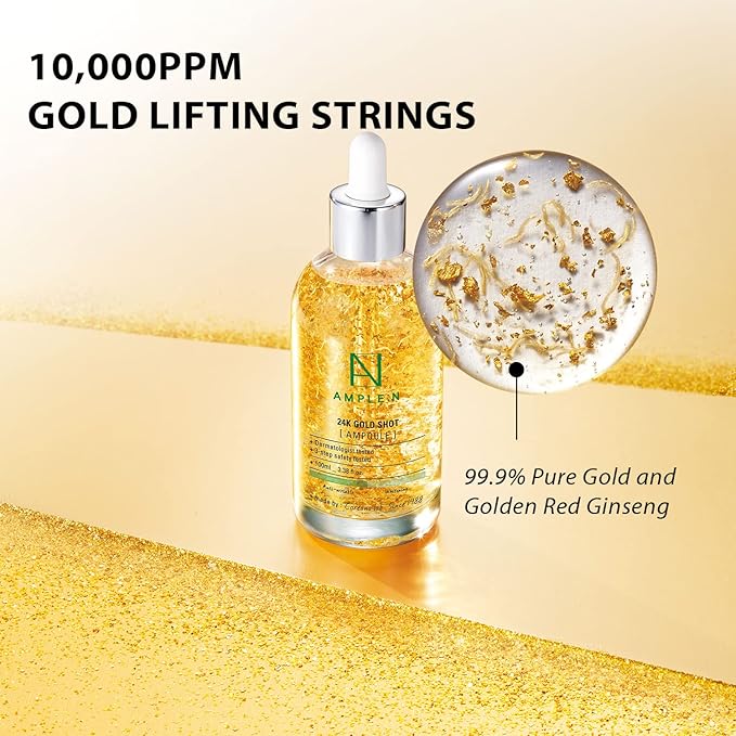 AMPLE:N 24k Gold Shot Serum - Korean 24K Gold Anti Aging Serum – Erasing Wrinkles and Fine Lines with Collagen & Peptides – Evens Skin Tone for Dull and Saggy Skin - 3.38 fl.oz.
