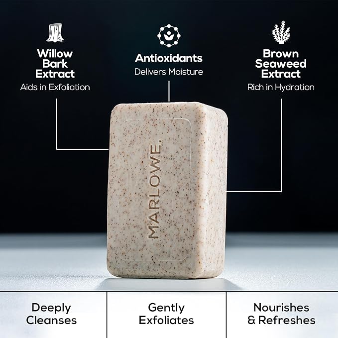 MARLOWE. No. 102 Body Scrub Soap 7 oz (3 Bars), Santal, Exfoliating Soap Bar with Shea Butter, Olive Oil & Green Tea Extracts, Cleanses, Smooths & Revitalizes Skin, Warm Amber, Spice & Citron Scent