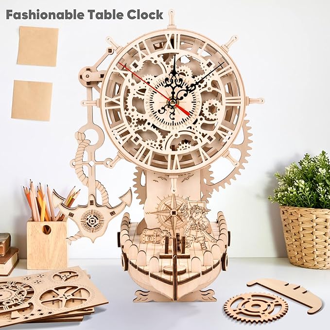 3D Wooden Puzzle Mechanical Clock – Pirate Ship DIY Model Kit for Adults & Teens, Build-Your-Own Wood Craft, Working Clock, Unique Gift & Nautical Home Decor