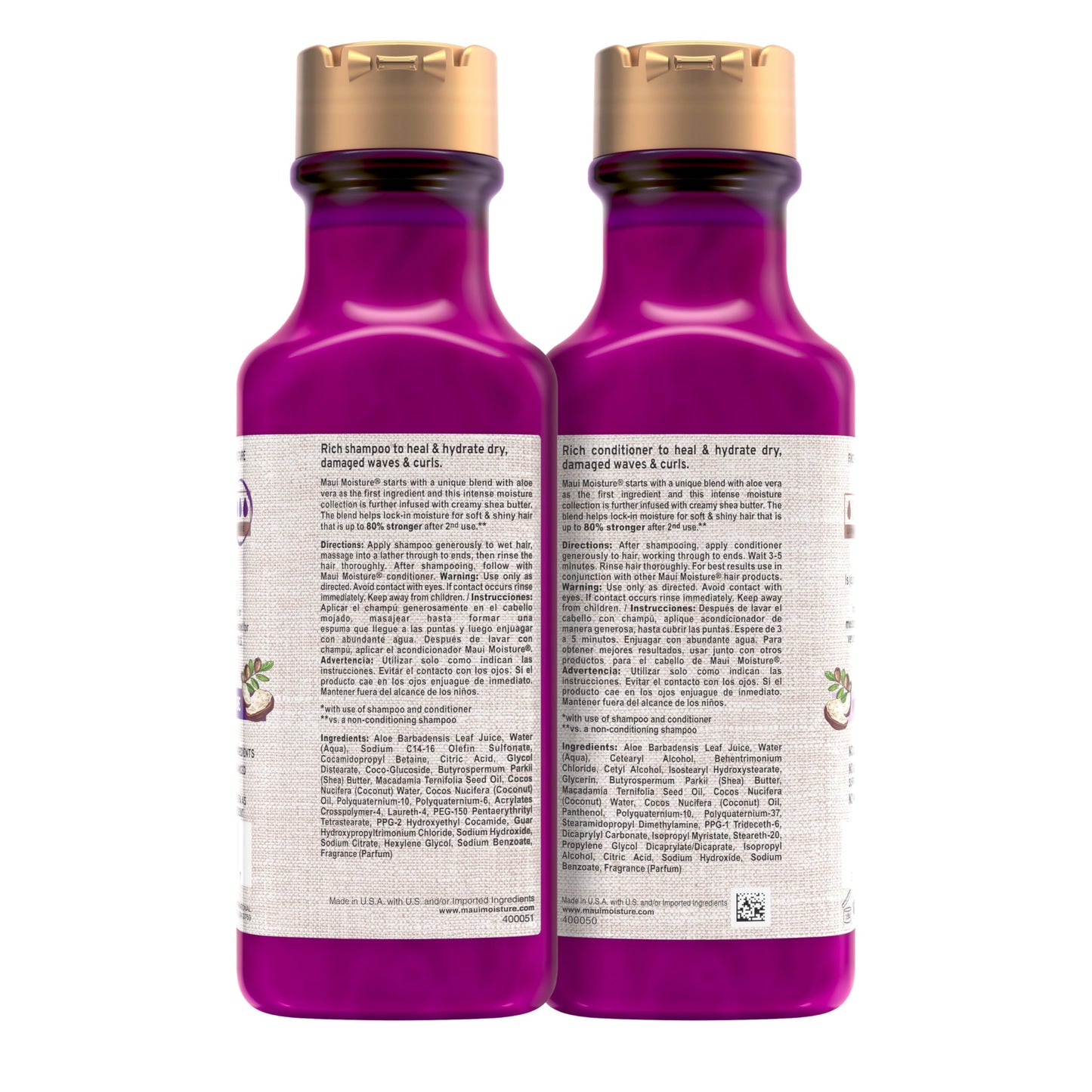 Maui Moisture Heal & Hydrate + Shea Butter Shampoo & Conditioner Bundle, Hair Care Set with Shea Butter & Aloe Vera for Dry, Damaged Waves & Curls, Silicone-Free, Two Pack, 2 x 13 fl. oz