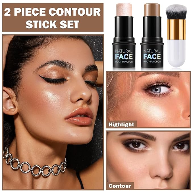Bronzer Stick Highlighter Stick Cream Contour Stick Makeup,2PCS for Women-Medium