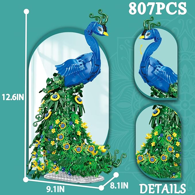Flowers Peacock Building Block Set, Beautiful Fly Animal Art Bird Peacock on Botanical Green Vivid Feather DIY Flowers Building Kit, Home Office Decor Ideal Christmas Toy Gift for Teen, Adult(807PCS)