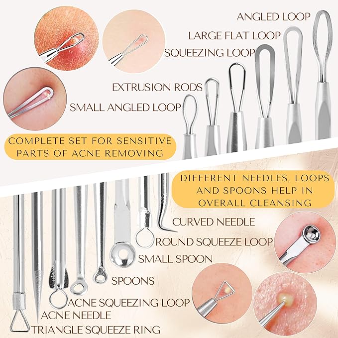 [16 Pcs] Blackhead Remover Tools 2025 Latest Pimple Popper Tool Kit | Stainless Steel Professional Pimple Extractor Tool Kit for Blackheads, Blemish, Comdone, Acne, Zit, and Whiteheads for Face & Nose