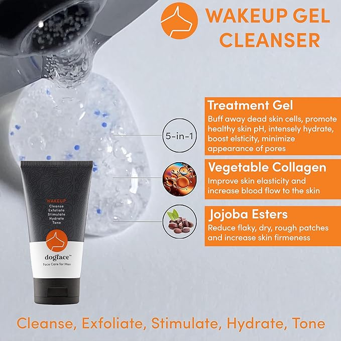 Dogface Men's Skincare Set - Technobrush, Electric Facial Brush, Wakeup Gel Face Wash to Hydrate Skin, Day Boom, Night Boost Retinol Serum, Eye Cream - Free Shower Caddy