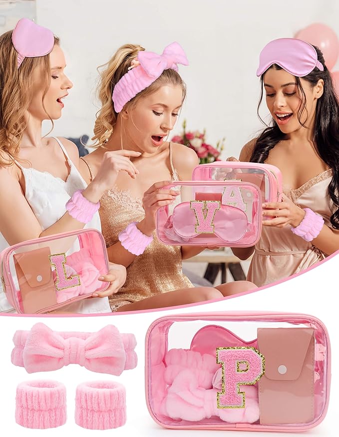 Gift Sets for Women, Initial Makeup Bag with Makeup Brush Set Bachelorette Party Favors, Pink Spa Kit with Skincare Headbands Wrist Bands Sleepover Party Supplies Gifts for Teen Girls Bridesmaid P