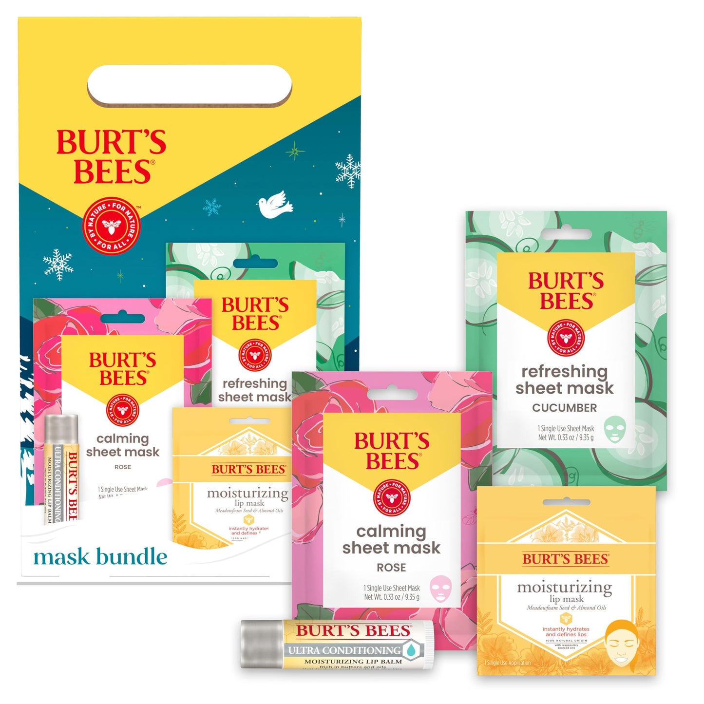 Burt’s Bees Mask Bundle Gift Set; , Ultra Conditioning Lip Balm and Moisturizing Lip, Refreshing Sheet and Calming Sheet Masks; Festive Packaging; 1 Gift Set