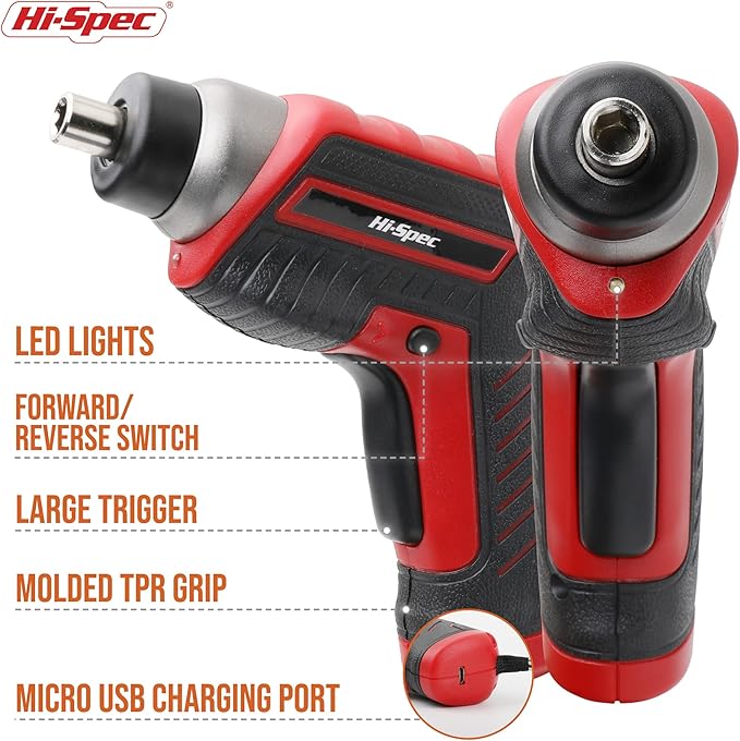 Hi-Spec 35pc Red Tool Kit with 3.6V USB Electric Screwdriver and Drill Set. Complete Basic Tool Set