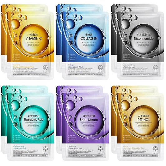12 Pack Sheet Face Masks Skincare, Collagen Face Mask Hyaluronic Acid Hydrating Face Sheet Masks for Women Skin Care, Vitamin C Face Masks for All Skin Types, Moisturizing, Brightening, Anti-Aging
