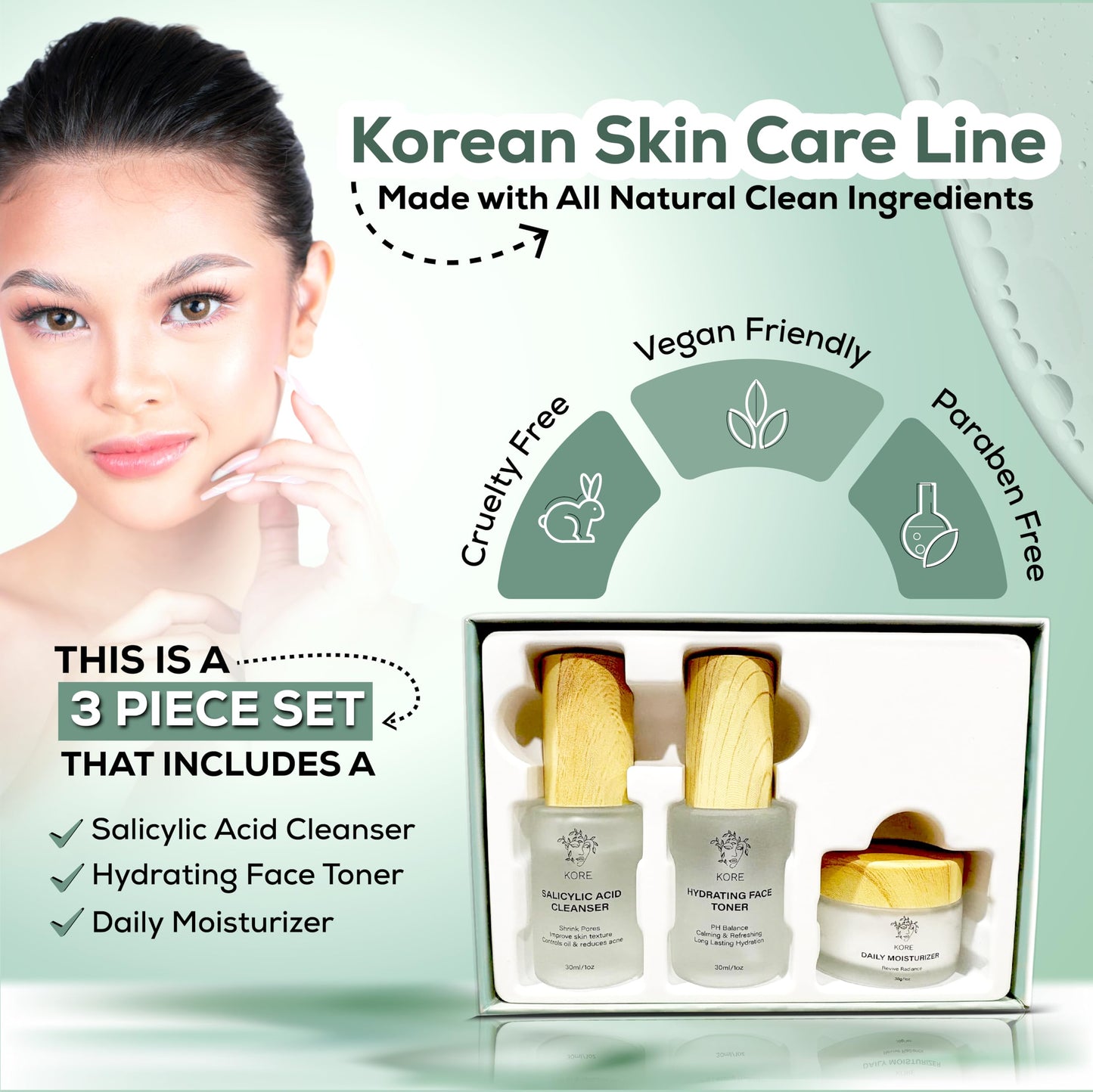 Kore Korean Skin Care Set–3-Piece Skincare Kit with Salicylic Acid Cleanser, Hydrating Toner & Daily Moisturizer–Vegan & PH Balancing Korean Skincare for Glass Skin–Skin Care Routine Kit for Women