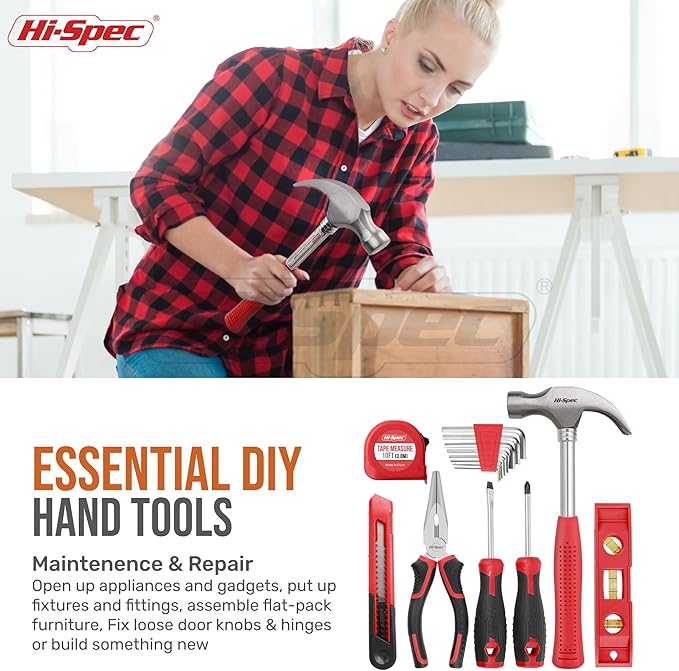 Hi-Spec 58pc Red 8V USB Electric Power Cordless Drill Driver and Home DIY Tool Kit Set. Screw Driver and Drill Bit Set Accessories, Pliers and Hammer In a Toolbox Case