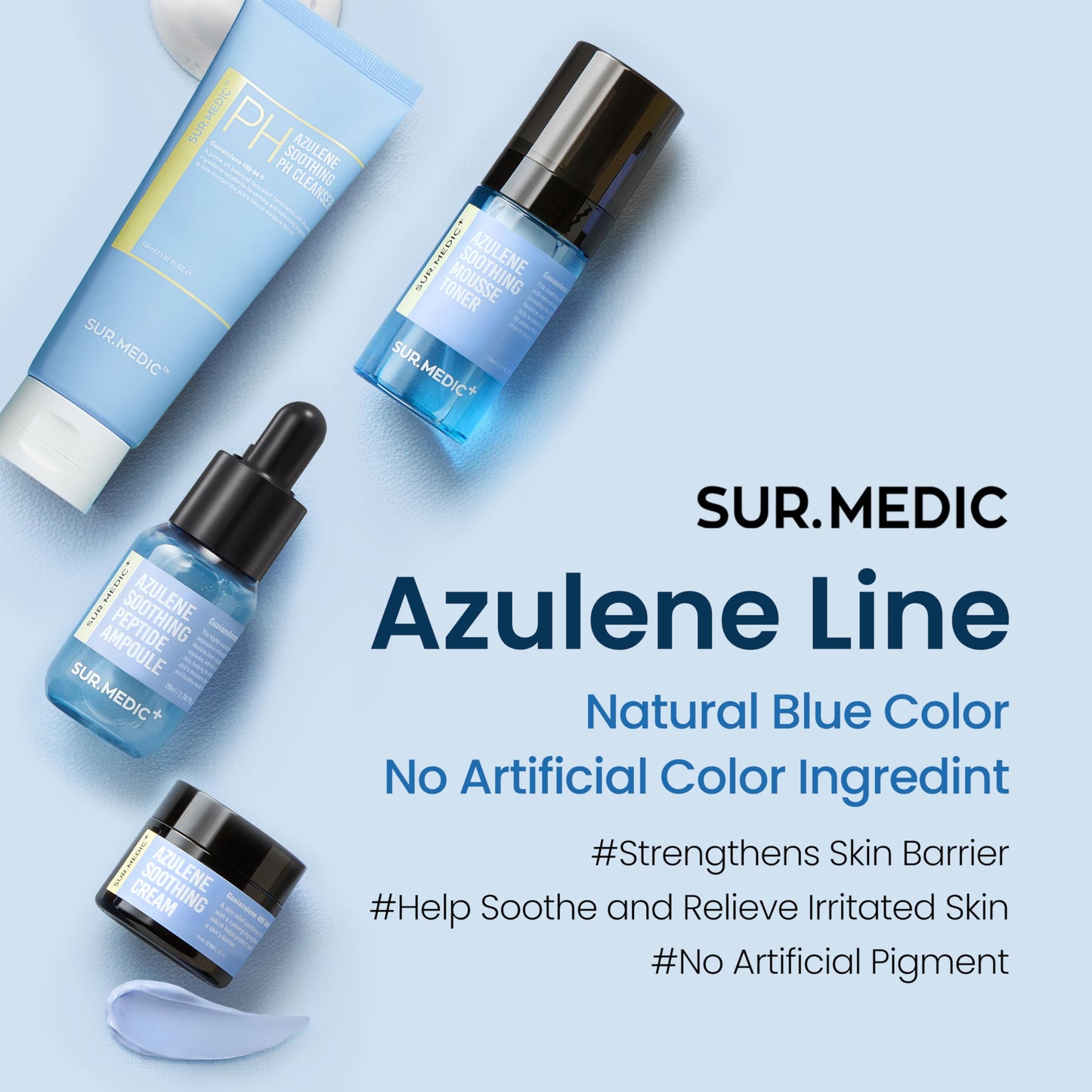 SURMEDIC AZULENE Soothing Trial Kit, Korean Skincare, Airplane-Friendly Travel Size Mini Set, Facitl Kit Gift for Women with Moisturizer, Cleanser, Toner, Ampoule, Cream