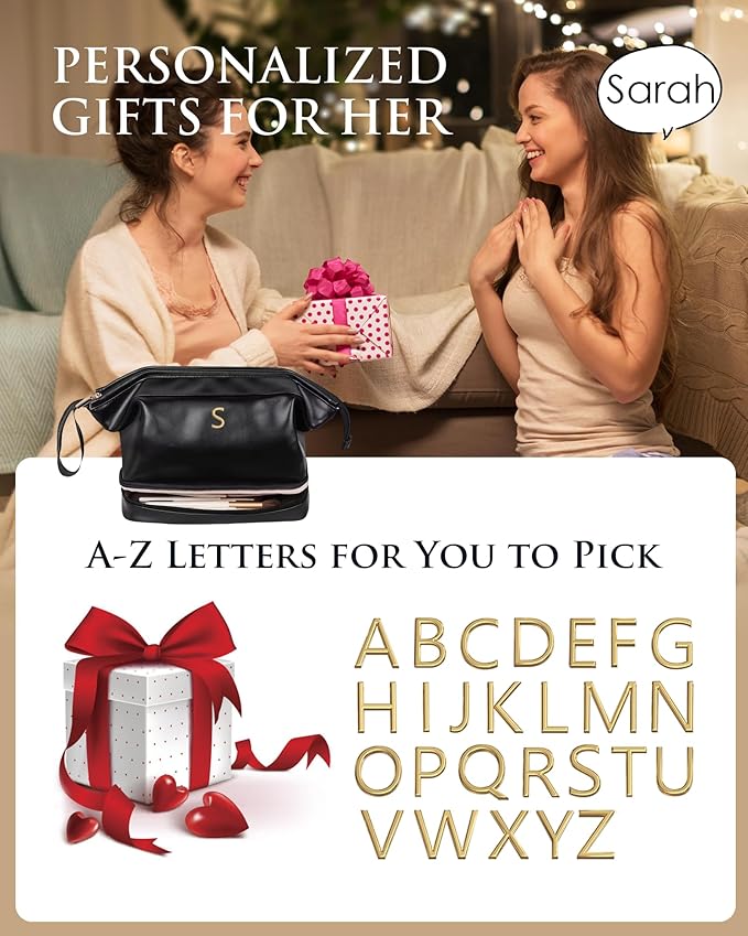 Daughter Birthday Gift-Makeup Bag, Women Gifts, Personalized Double Layer Cosmetic Bag with Makeup Brush Organizer, Large Capacity PU Leather Travel Toiletry Bag Gifts for Friends Female Mom