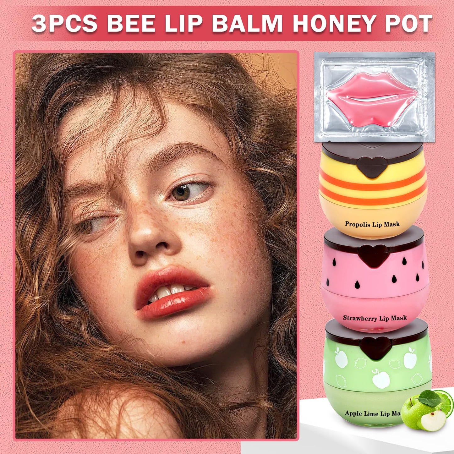 IONSGAKO 3PCS Bee Lip Balm Honey Pot, Honey Strawberry Apple Lime Lip Mask Sleeping Honey Lip Mask Overnight Hydrating Propolis Honey Pot Lip Balm for Cracked & Dry Lips Care with Pink Lip Mask