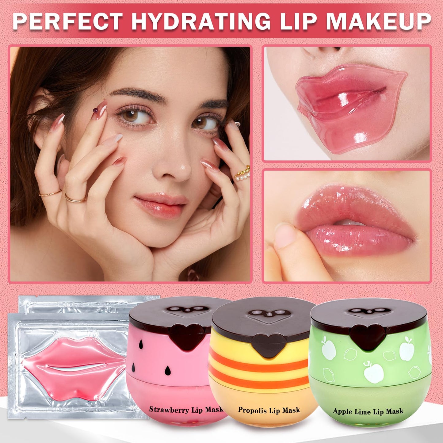 IONSGAKO 3PCS Bee Lip Balm Honey Pot, Honey Strawberry Apple Lime Lip Mask Sleeping Honey Lip Mask Overnight Hydrating Propolis Honey Pot Lip Balm for Cracked & Dry Lips Care with Pink Lip Mask