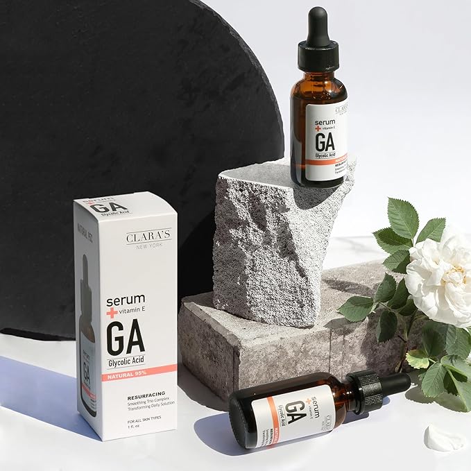 CLARA'S NEW YORK Glycolic Acid Facial Serum with Vitamin E – Exfoliating & Hydrating Face Serum for Smoother, Glowing Skin – 30ml / 1 Fl Oz – Made in USA