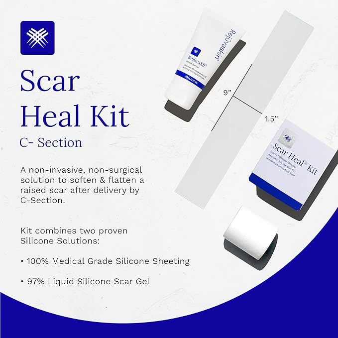 Rejuvaskin Scar Heal Kit for C-Section Scars, Soften, Flatten, Reduce and Recover, Silicone Sheeting, RejuvaSil Gel & Medical Tape, C-Section Sheet