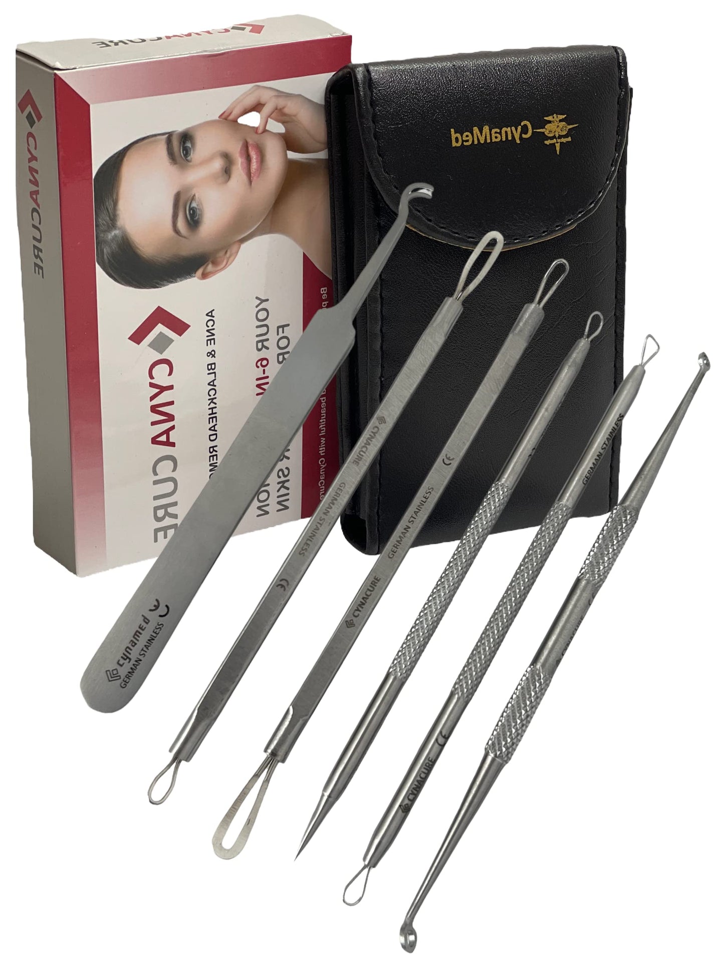 German Stainless Professional Set of 6- Blackhead Remover Comedones Extractor Acne Removal Kit for Blemish,Whitehead Popping, Zit Removing for Nose Face Tools-Blackhead Removal w/Zipper Leather case