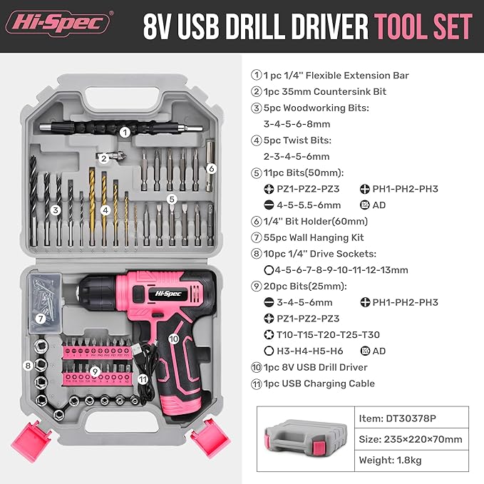 Hi-Spec 110pc Pink 8V USB Electric Power Cordless Womens Drill Driver Set. Drill Bits, Sockets and Screwdriver Bit Set Accessories In a Portable Toolbox Case for Ladies