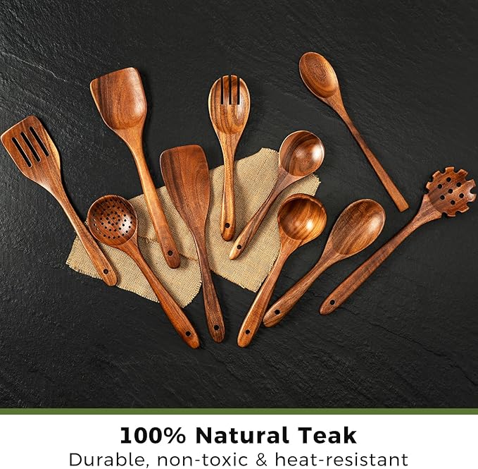 10-Piece Teakwood Utensil Set for Cooking, Natural Wooden Spoons & Spatulas for Non-Stick Cookware, Kitchen Gift Set for Wedding, Housewarming, Christmas