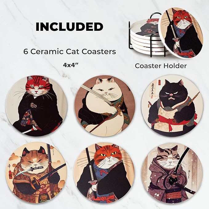 Cat Coasters Ninja Edition - Anime Cat Decor - Set of 6 Drink Coasters with Holder