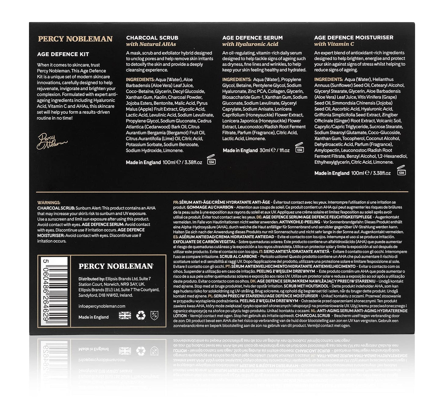 Percy Nobleman Age Defence Kit, a men's skincare set containing Charcoal Face Scrub (with Natural AHAs), ultra-hydrating Facial Serum (with Hyaluronic Acid), and Moisturiser (with Vitamin C)