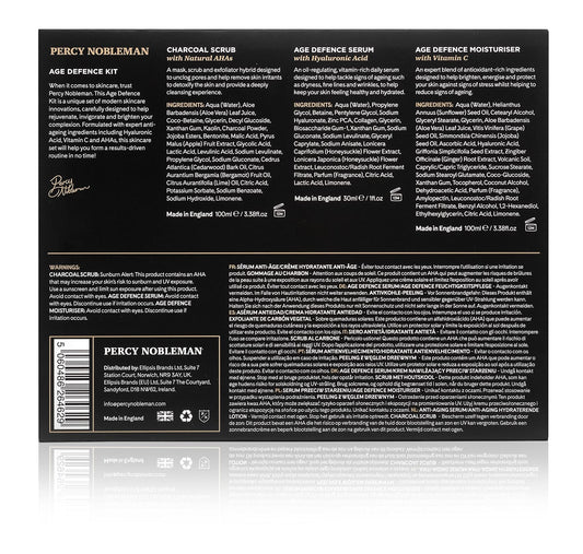 Percy Nobleman Age Defence Kit, a men's skincare set containing Charcoal Face Scrub (with Natural AHAs), ultra-hydrating Facial Serum (with Hyaluronic Acid), and Moisturiser (with Vitamin C)