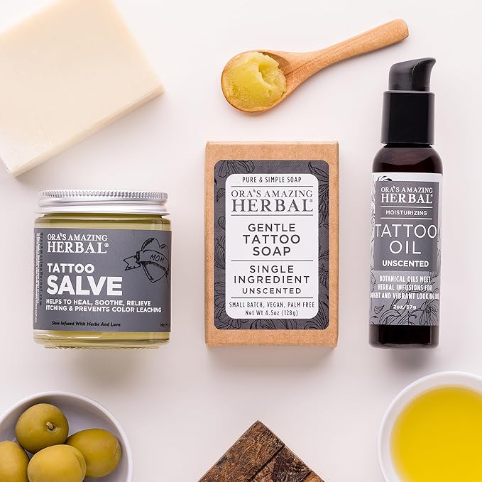 Ora's Amazing Herbal All The Tattoo Aftercare Set, Tattoo Salve, Oil & Soap, Natural Tattoo Aftercare Set, Balm, Moisturizer, Made in the USA