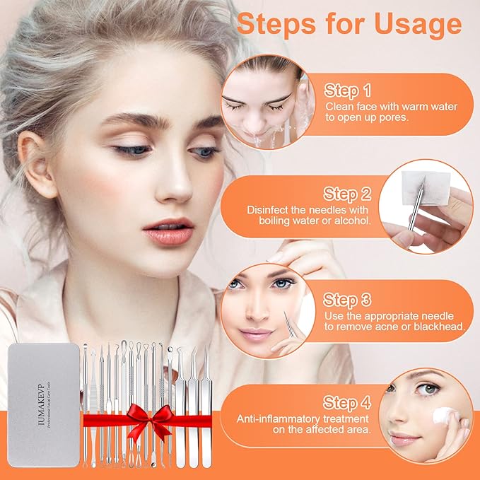 Pimple Popper Tool Kit, IUMAKEVP 15 PCS Professional Stainless Steel Blackhead Remover Comedone Extractor Tools for Removing Zit on Face - Acne Removal Kit with Metal Case (Silver)