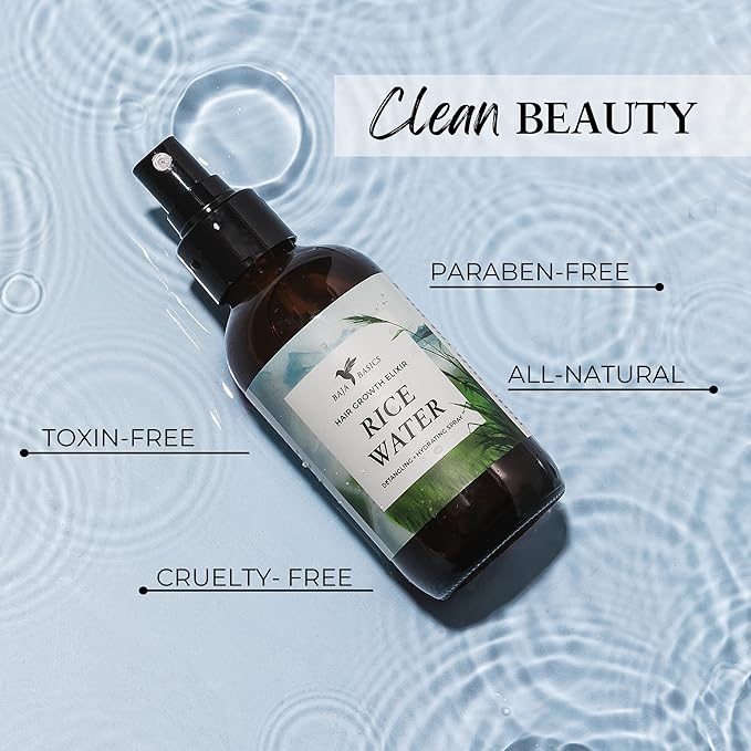 Rice Water For Hair Growth by Baja Basics, Thickness, Strength, Shine - Leave-in Conditioner for Scalp, Dry Split End Moisturizer - Fermented Rice Water Spray for Curly, Straight, Thick, Thin Hair 4oz