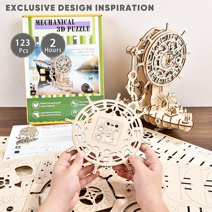 3D Wooden Puzzle Mechanical Clock – Pirate Ship DIY Model Kit for Adults & Teens, Build-Your-Own Wood Craft, Working Clock, Unique Gift & Nautical Home Decor
