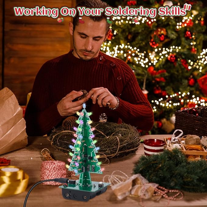 Christmas Tree Soldering Project, Icstation 3D Xmas Tree Soldering Kit with LED Flashing Lights Soldering Practice 7 Colors DIY Electronic Assemble Kit for Learning Teaching STEM Educational