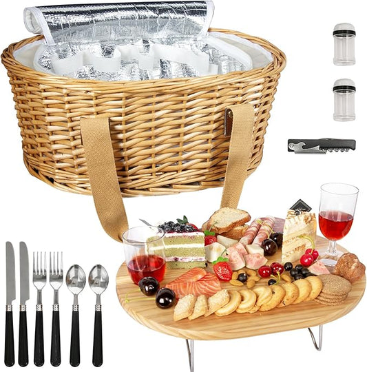 Hap Tim Wicker Picnic Basket Set for 2 with Mini Folding Wine Picnic Table & Large Insulated Cooler Bag & Cutlery Service Kits for 2 Person, Couples Gifts, Wedding Gifts (Y2209-2-CM)