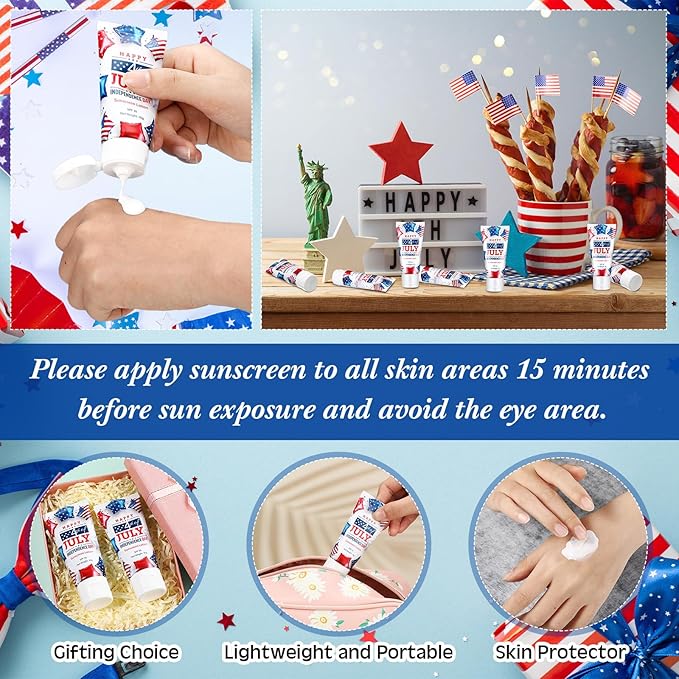 24 Pcs 4th of July Party Supplies Bulk Spf 30 Mini Sunscreen for Summer Independence Day Party 1oz Travel Size Thank You Gifts for Patriotic Favors Supplies