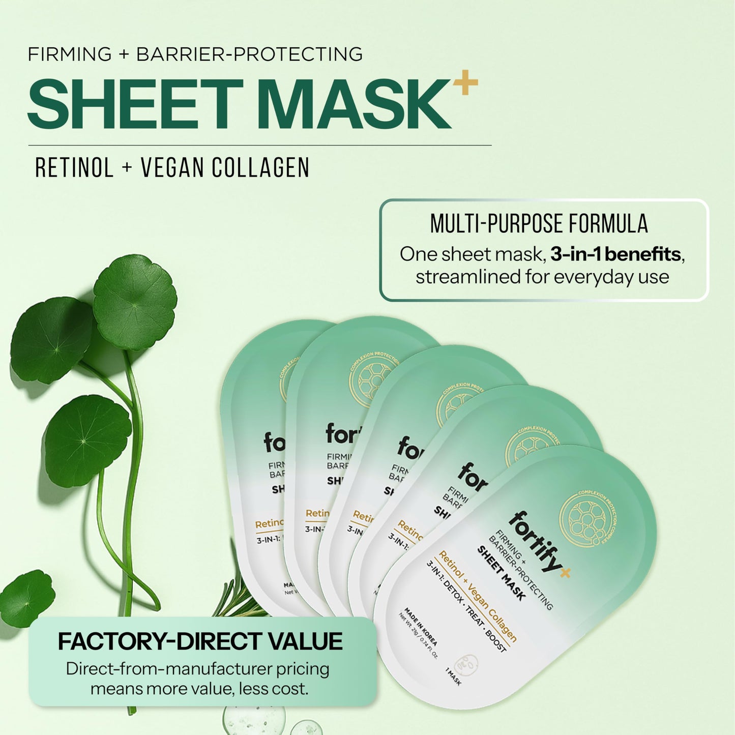 Fortify Skincare Face Mask with Retinol and Collagen - Dermatologist Tested, Anti Aging - Firming & Barrier Protecting - 3-in-1: Detox - Treat- Boost - Clean Beauty, Korean Skin Care, 5 Sheet Masks