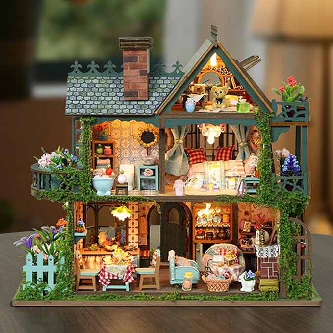 ISSEVE DIY Miniature House Kit, Tiny House Dollhouse Kit for Adults, Mini House Building Kits, Halloween Christmas Home Bookshelf Decoration, Gifts for Family and Friends (Fairy Garden House)