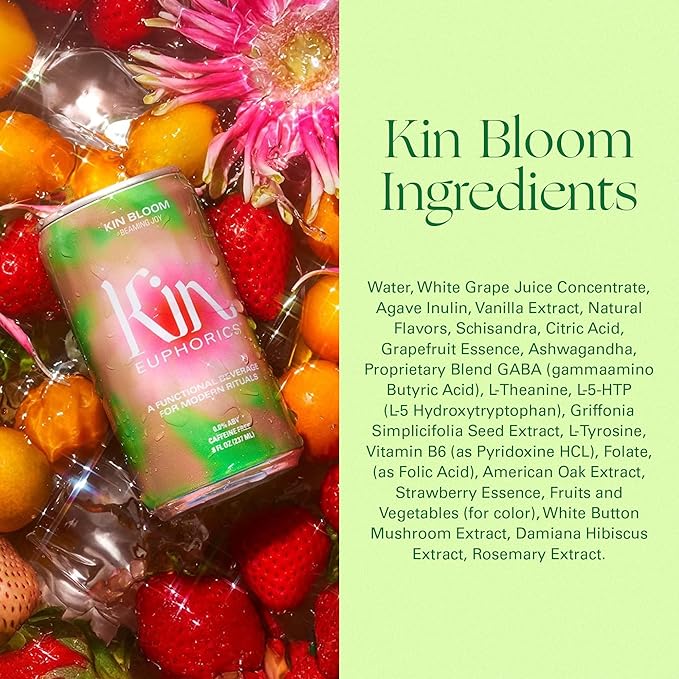 Kin Euphorics Kin Bloom Non-Alcoholic Functional Beverage | All day rosé | Elevate Your Mind & Spirit | Prebiotic | L-Theanine, Schisandra, Damiana | Ready to Drink | 8 Fl Oz (16pk)