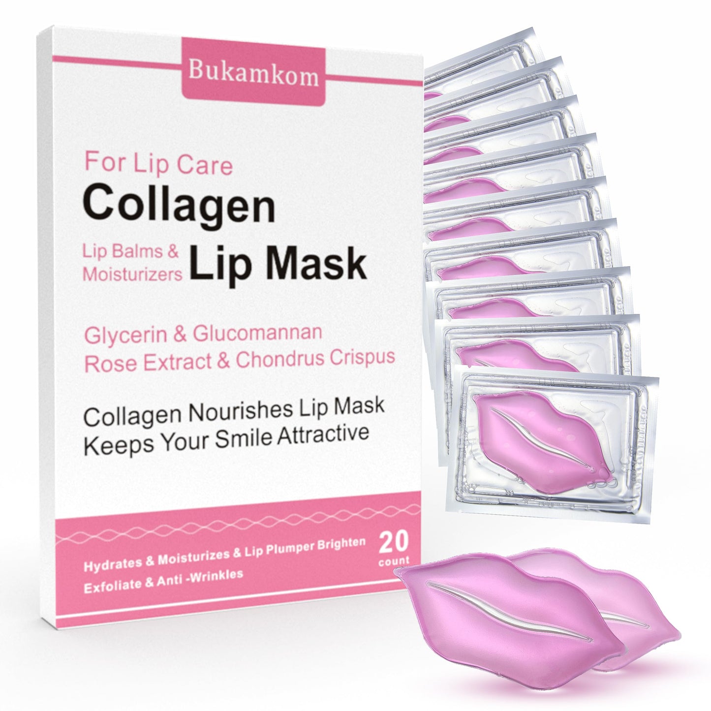 Bukamkom Collagen Lip Masks Bulk(20 Pieces/Box),Lip Mask Sheet Lip Care to Reduce Dark Lips and Lip Lines to Remove Dead Skin Moisture,Bulk Lip Masks Individually Wrapped(20)