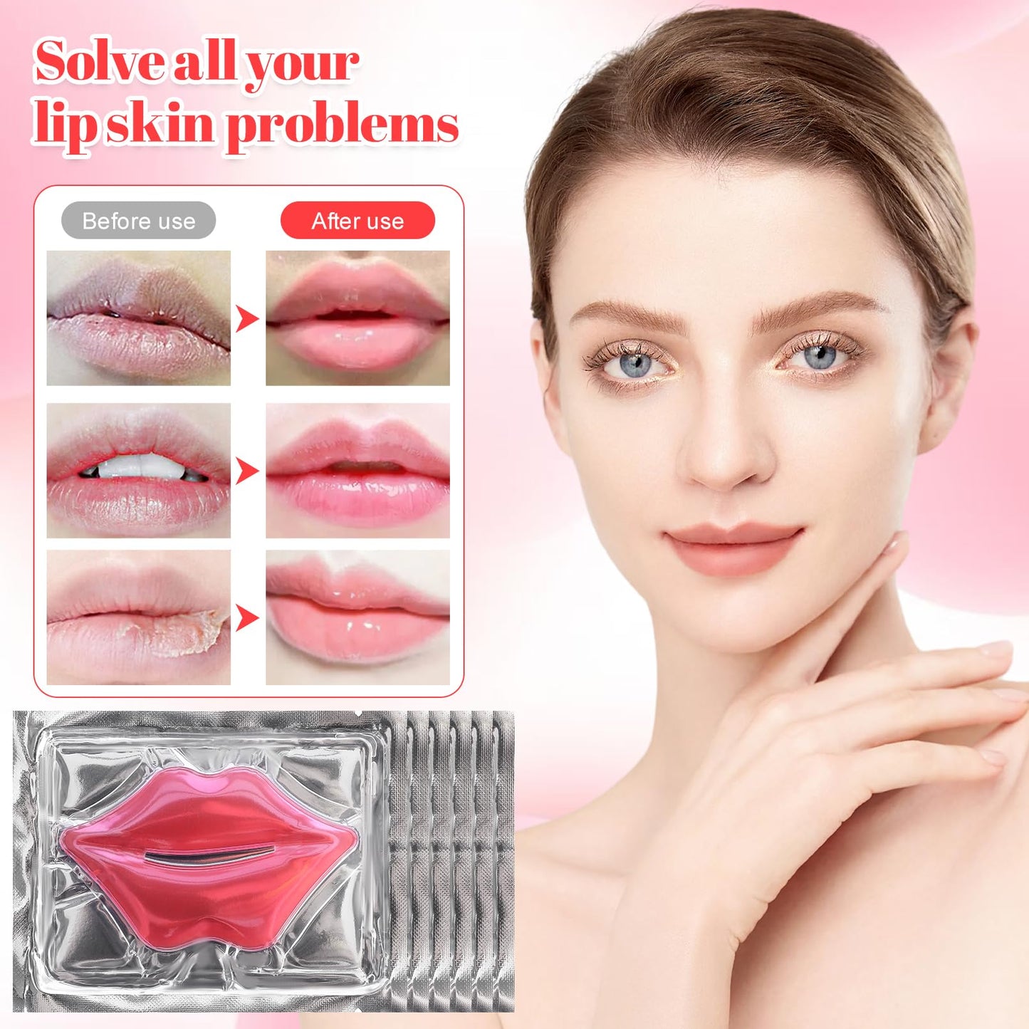 CACASO 50 Pcs Lip Mask Sheet - Crystal Lip Masks, Moisturizing Rose Pink Lip Masks, Anti-Chapped, Anti-Wrinkle