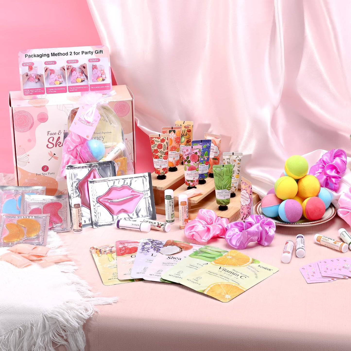 KONEUK 120 PCS Spa Party Supplies for Women, Spa Party Favors Include Face Masks Skincare, Hand Cream, Lip Balm, Under Eye Patches, Lip Mask and Foot Bath Bombs, Spa Birthday Sleepover Party Supplies