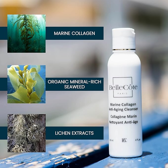 Marine Collagen Anti Aging Cleanser - Lichen Extract & Peptides for Dull And Dehydrated Skin, Removes Impurities & Makeup Toxins | Organic Seaweed Facial Cleanser 4 fl oz
