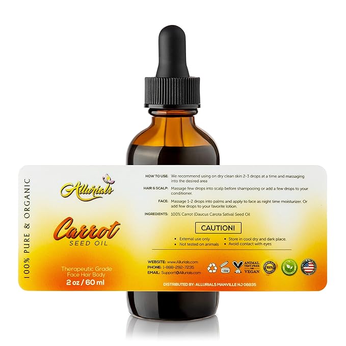Carrot Seed Oil (2 Oz) – 100% Pure & Organic, Unrefined, Cold Pressed, All Natural, Daucus Carota- Essential Carrot Moisturizer for Skin, Face and Hair Growth - 2 Oz