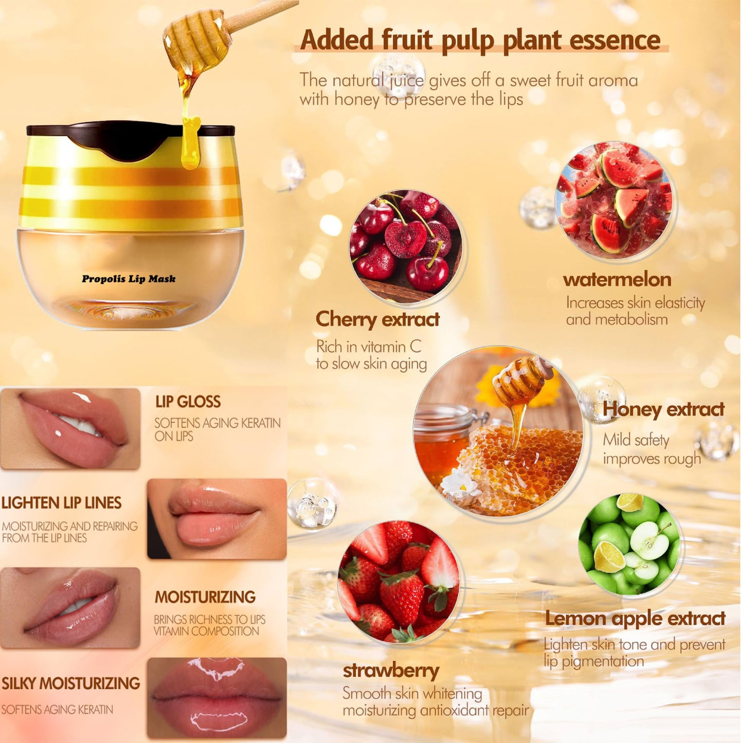 4Pcs Bee Lip Balm Honey Pot Strawberry & Propolis Balm Honey Lip Mask Hydrate Moisturizing Repair Prevent Lip Care Moisturizing Lip Balm Set