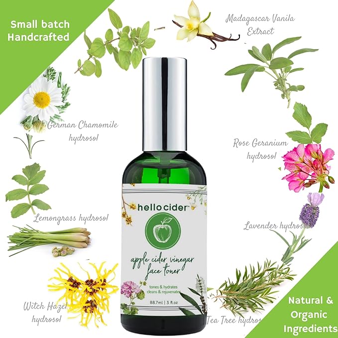Apple Cider Vinegar Toner - Witch Hazel,Tea Tree,Rose Geranium,Lavender, Chamomile. NO Oils. Tone, Reduce Blemish, Clear Pores & Acne, 3oz. USA Made/Hello Cider