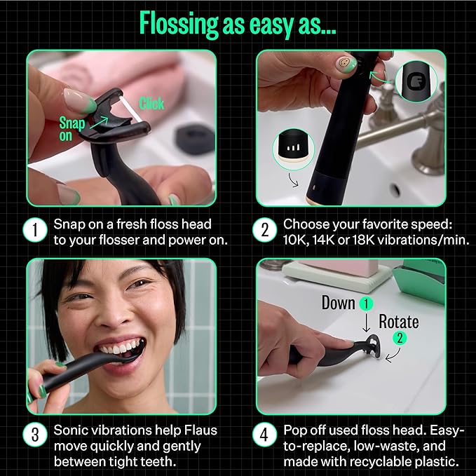 FLAUS Electric Flosser (Shark Tank) with 3 Speeds + 45 Replacement Heads - Easy Gliding Floss for Gentle Gum Care, Water Floss Alternative, Dentist Recommended Tooth Flossers, Eco Dental Floss Picks